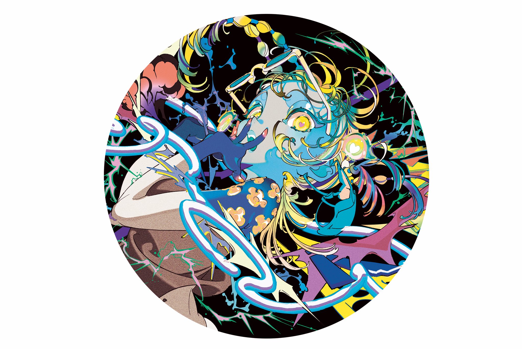 the image features a stylized illustration of a woman with bright yellow hair and blue skin. she is surrounded by swirling, abstract shapes and patterns in a vibrant, neon color palette. the background is dark, creating a striking contrast and highlighting the figure. the woman's pose and expression suggest a sense of energy and movement, while the overall effect is both psychedelic and surreal.