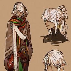 the image showcases concept art of a male elf character. three different perspectives, a front view, and two side profiles, highlight the character's design. the elf, adorned with white hair styled in a braid, sports intricate earrings and a colorful scarf draped over a brown tunic. a long cloak with a pattern adds to his attire.  the art style leans towards a slightly realistic and illustrative approach.