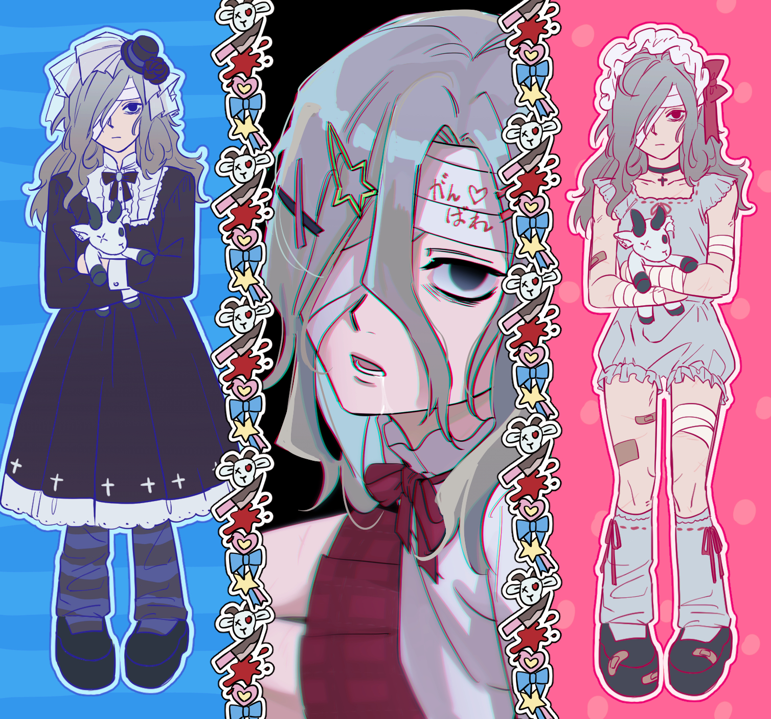 the image is a digital drawing featuring three animestyle female characters. they are presented in a triptych format, with each character occupying a vertical third of the image, separated by a central column of decorative elements. left character: this girl is dressed in a dark, gothic lolitastyle dress with a white collar, lace trim, and crosses on the hem.  she holds a small stuffed lamb. her expression is solemn. she has grey hair and is wearing a bonnet. center character: this character appears to be the same, but in a different style. this character is wearing a white blouse and a dark red apronlike garment. she has a bandage on her forehead with japanese text. her expression is distressed. right character: this girl is in a lighter pastelcolored, distressed style pajamalike outfit. she also carries a small stuffed lamb and has bandages on her legs. her expression is also sad. she has grey hair and a headband.the central column between the girls features repeating decorative elements:  small drawings of lambs, bows, blood splatterlike shapes, and stars.  the background colors for each character are a contrasting pastel blue and pink. the overall style is a blend of cute and slightly disturbing aesthetics.