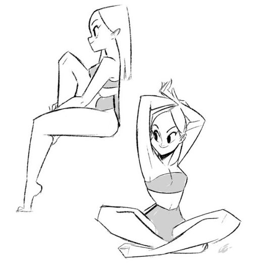 a black and white line drawing of two women in different poses. the woman on the left is sitting with her legs crossed and her right arm resting on her left leg. the woman on the right is sitting with her legs crossed and her arms raised above her head. both women are drawn in a simple, stylized manner.