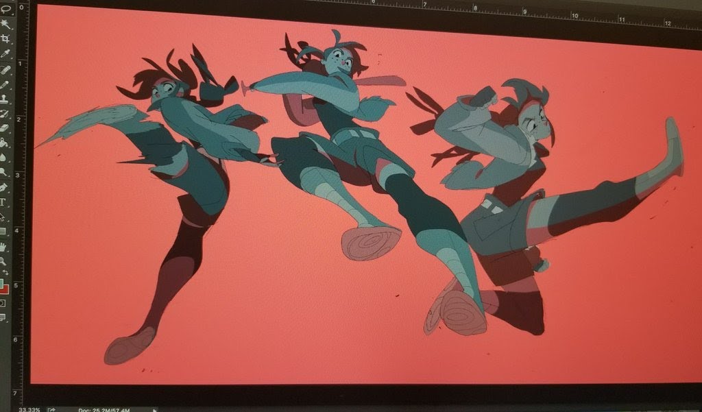 a digital art piece displayed on a computer screen shows three anime characters in different dynamic poses, the female character in the foreground is kicking, the female character in the middle is kicking, and the female character in the background is kicking. the red background allows the colorful characters to stand out. the image appears to be in progress as the digital art lines are visible.