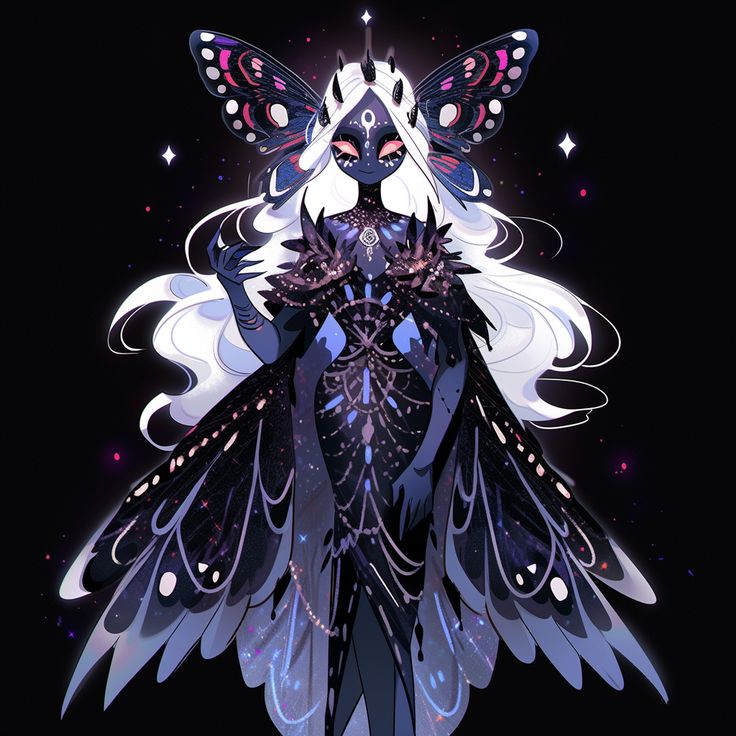 a fantasystyle illustration of a darkskinned fairy with mothlike wings and white hair against a black background sprinkled with stars. she wears a crown, jewelry, and a cape, exuding an otherworldly and magical presence.