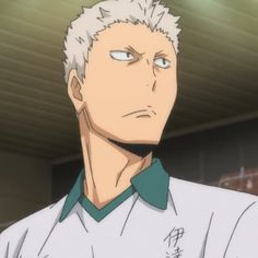 this is a digital illustration of a young man from the anime haikyuu!!. he has short, spiky white hair and piercing dark eyes. he's looking slightly upwards with a determined expression on his face. the character appears to be wearing a teal and white athletic shirt, suggesting he's either about to play or has just finished playing a sport, likely volleyball. the background is blurred, hinting at the interior of a gymnasium.
