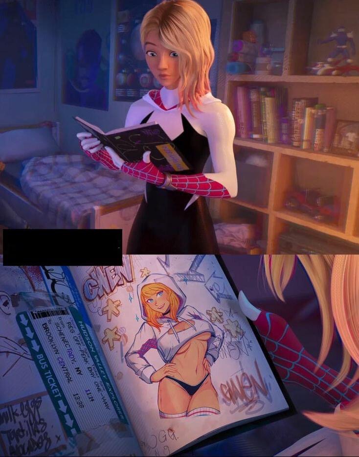 gwen stacy, in her spidergwen costume, is looking at a sketchbook, where a drawing of her in a sexy, revealing outfit is featured. the drawing