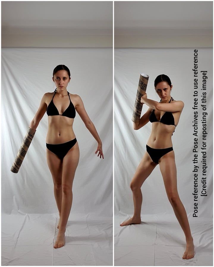 this photo reference image features a young woman in a black bikini, holding a cardboard tube in various fighting stances against a white background. she is captured in two distinct poses, showcasing different angles and perspectives for artists and illustrators. ```
