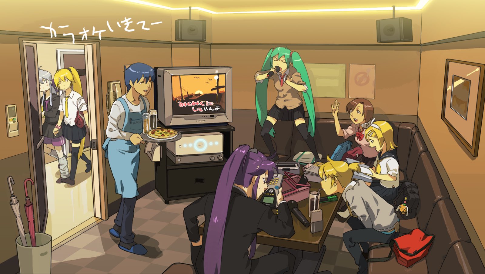 a lively group of friends are gathered in a karaoke room, their animated expressions capturing the essence of their shared enjoyment. the vibrant colors and dynamic composition enhance the sense of camaraderie and fun.