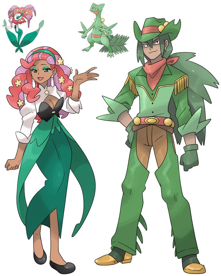 the image is a piece of fanart depicting humanized versions of the pokémon trevenant and goomy, along with their respective human trainers.  the female trainer is dressed in a flowing green dress adorned with pink flowers, mirroring trevenant's design. her hair is styled similarly. she has brown skin and makeup. the male trainer is dressed in a green cowboy outfit complete with chaps, hat, and a bandana, reflecting goomy's green coloration. goomy and trevenant are presented in their typical pokémon forms in the background, seemingly connected to their human counterparts. the art style is reminiscent of anime or manga, with clean lines and bright colors.