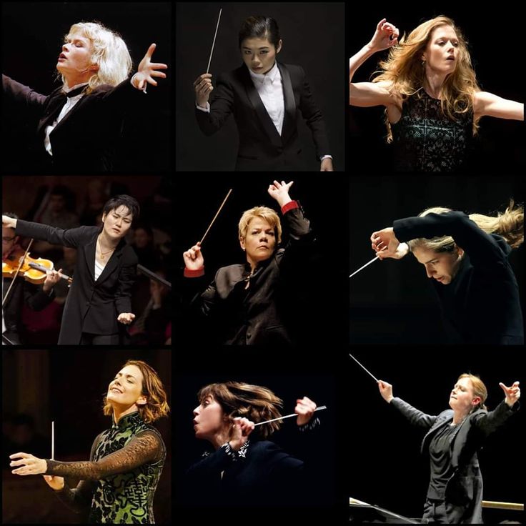 a collage of nine images of women conductors leading orchestras. each image features a different woman with a baton conducting a musical performance. the women are all dressed professionally in formal attire, and they all appear to be focused and passionate about their work. the images are set against various backgrounds, including a concert hall stage and a dark studio.