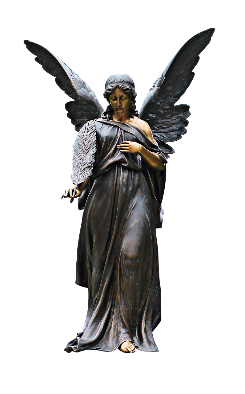 a fulllength bronze statue of an angel with large wings, holding a feather quill in one hand and draped in a flowing robe against a black background.