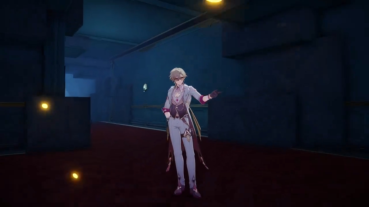 a still image from the video game genshin impact featuring the character albedo. he is wearing a white suit and glasses, with a red eye visible, and standing in a dimly lit corridor.  he has a slight smirk on his face and is posing with his right hand extended.