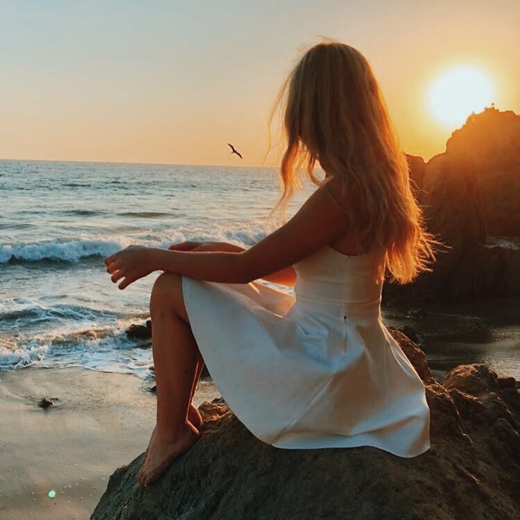 a woman with blonde hair sits on a rock at the beach, wearing a white dress, contemplating the ocean and sunset. a bird flies in the distance.