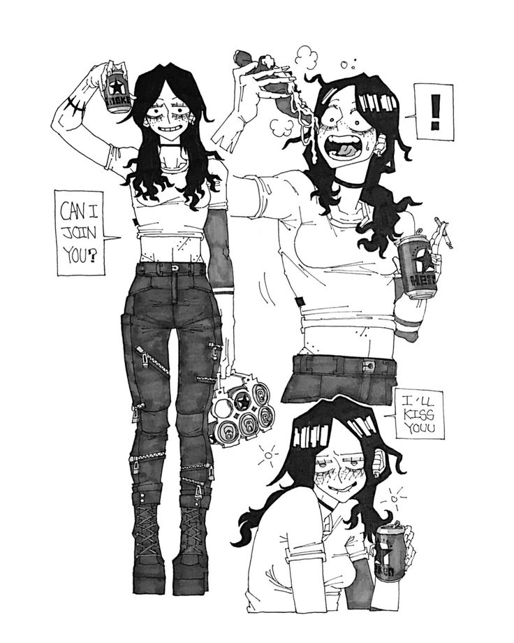 this black and white graphic illustration shows three anime girls hanging out. the girl on the left is holding a can of soda, and the girl in the middle is holding a can of beer. the girl on the right is sitting on the ground looking at the girl in the middle and is smiling.