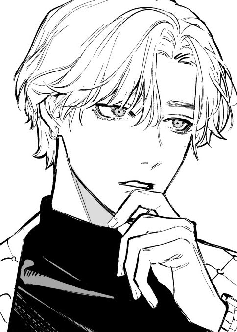 a black and white sketch of a young male character from an anime or manga. he has long black hair that is slightly tousled, and his eyes are wide and expressive. he is wearing a dark shirt with a collar, and is looking off to the side. his hand is resting on his chin, and he has a thoughtful expression on his face. the artwork is done in a detailed, realistic style, with a focus on subtle shading and line work.