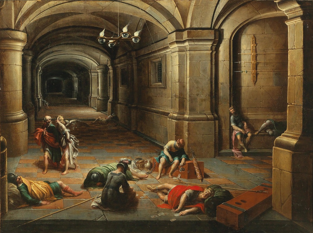 the image is a painting of a long hallway with an arched ceiling and stone columns. several figures are scattered throughout the scene, some lying on the ground, seemingly sleeping or dead. there's a group of people at the entrance of the tunnel, and one of them appears to be an angel. light fixtures illuminate the hallway, but some areas remain in darkness. some of the figures seem to be guards, based on their armor and weapons. the scene suggests a moment of chaos or a massacre, with some people alive, and others not.