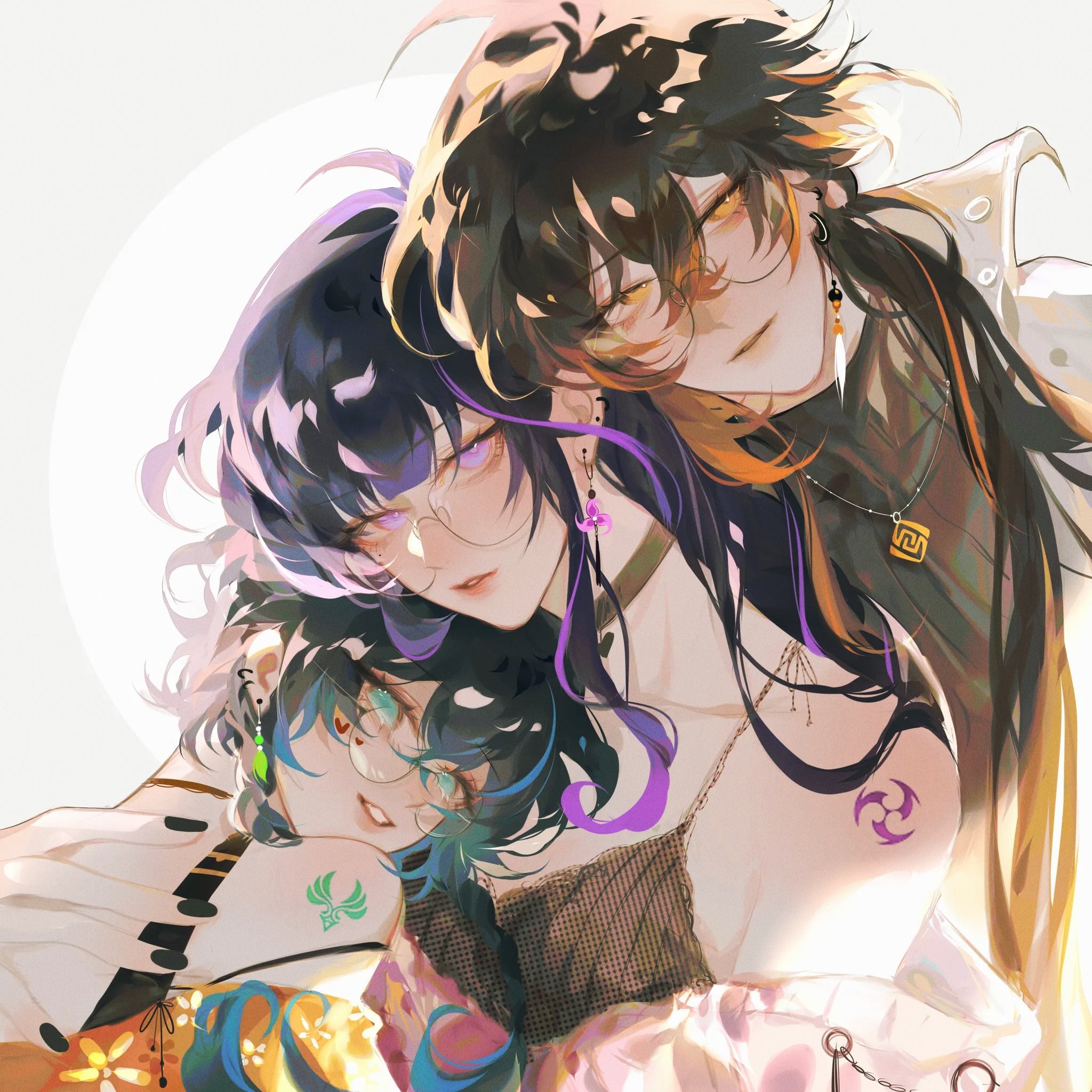 he image is a digital painting or illustration of three animestyle girls who appear to be close friends.  the girl in the center has long, dark purple hair with hints of orange, and she's wearing glasses and several necklaces. her arms are around the two girls on either side of her. the girl on the left has dark teal hair and glasses, while the girl on the right has dark brown/black hair that is long and somewhat wavy, and she also wears glasses.  all three girls are adorned with small details like earrings and tattoos. the art style is soft and colorful with a painterly quality. the overall mood is one of warmth and affection.