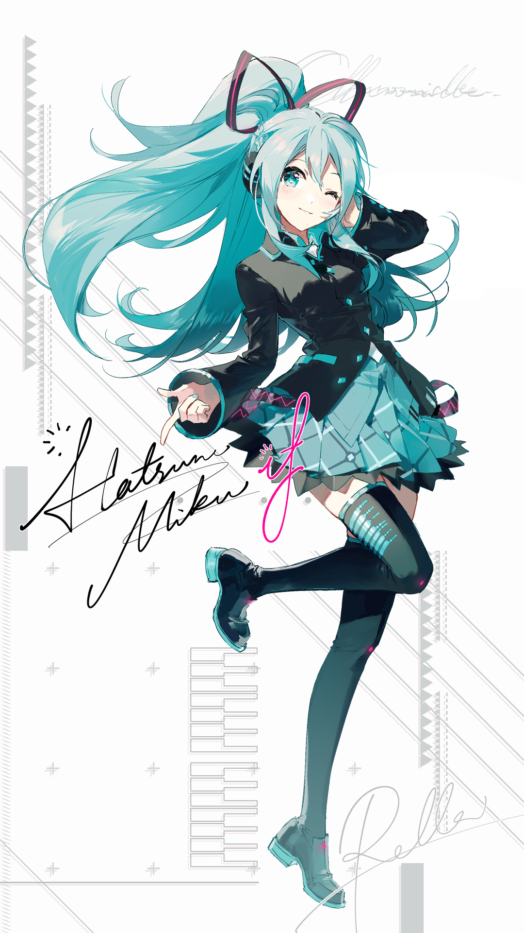 the image features a fullbody illustration of hatsune miku, an anime girl with long, flowing turquoise hair styled with pigtails and dark headgear. she is dressed in a school uniform with a black jacket, a teal plaid skirt, and dark grey thighhigh socks paired with teal shoes. miku is winking with one eye closed, and her expression is cheerful. the background is white with subtle geometric patterns and the handwritten signatures "hatsune miku" and "rella" along with the faint image of piano keys.