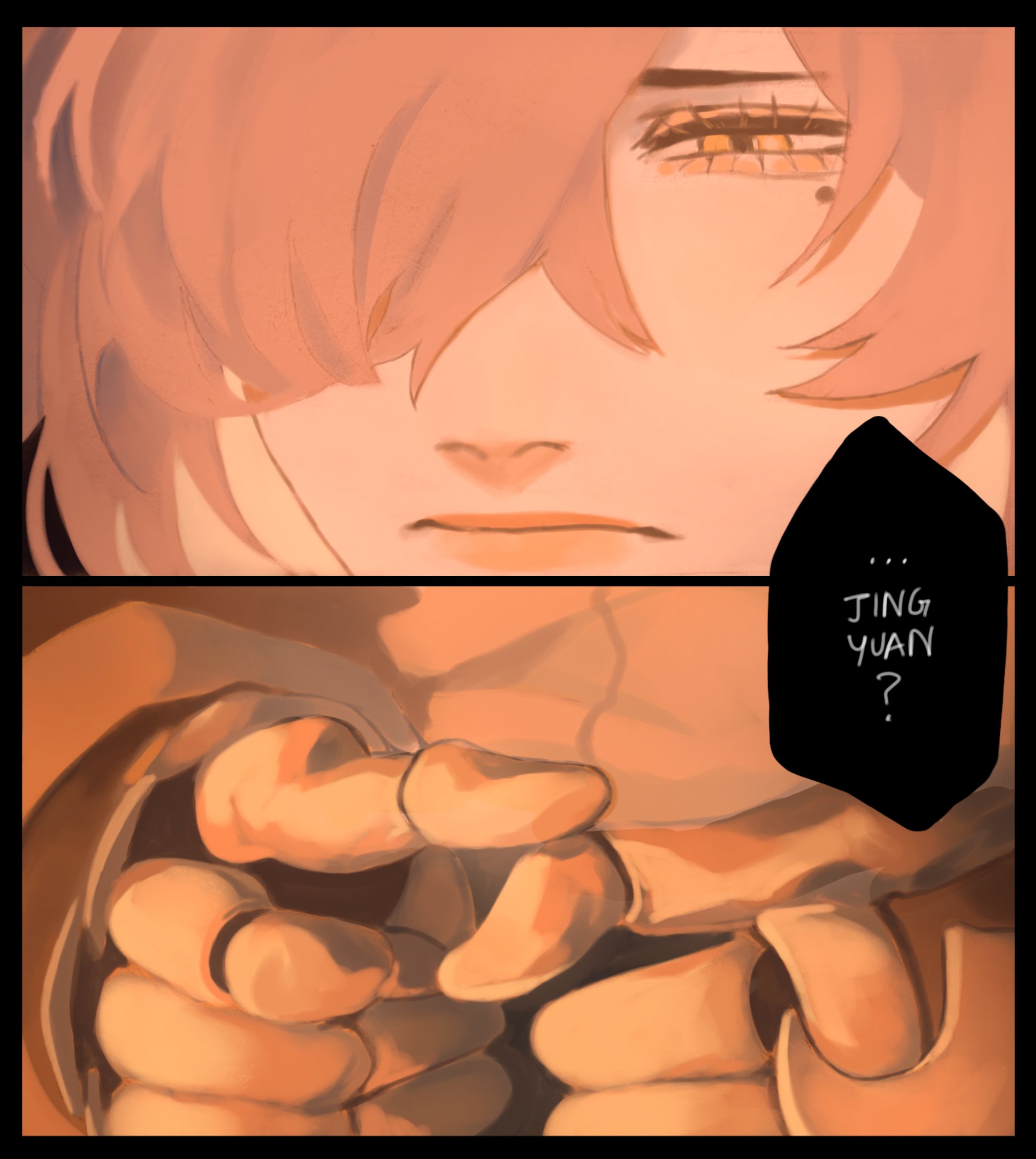 the image is a comic illustration of a male character with pink hair and yellow eyes. he is looking sad and worried with his hands clenched together in front of him. there is a speech bubble above him with text that reads "... jing yuan?" the text is in black and white and the background is a light pink color. the overall tone of the image is sad and melancholic.