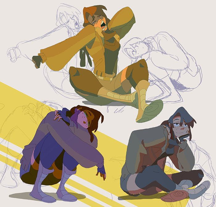 this illustration depicts a group of four cartoon women in different poses, each with a unique style and expression. three of them are sitting, while the fourth is sprawled out on the ground. the illustration is digitally drawn and has a colorful and vibrant style. the overall tone of the illustration is playful and energetic.