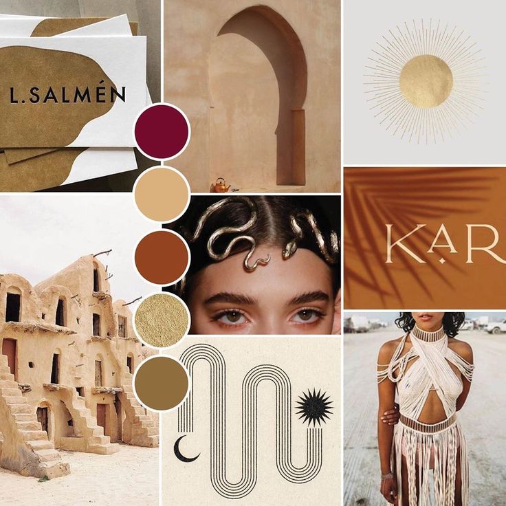 this is a mood board that features a variety of design elements, colors, and textures. the mood board is inspired by a boho, modern, minimalist aesthetic. the main colors in the mood board are brown, beige, and gold. the mood board includes images of a desert landscape, an archway, a palm tree, a woman in a fashion outfit, a snake, a sun, and a moon. the mood board also includes several abstract shapes and graphic elements. the mood board is perfect for inspiring creative projects that are inspired by a boho, modern, minimalist aesthetic.