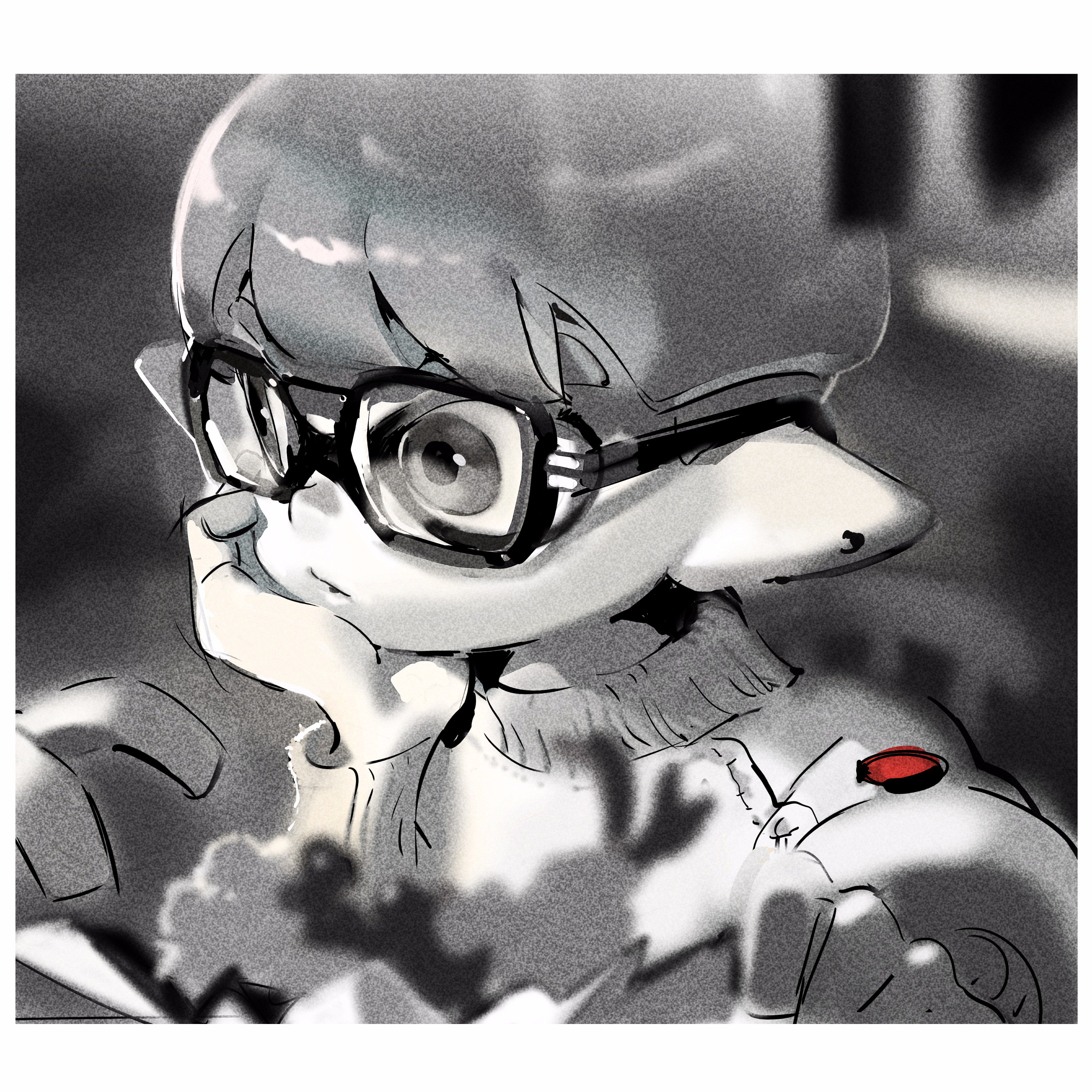 a grayscale digital painting of an inkling character from the splatoon video game series. the inkling is wearing rounded glasses and a turtleneck sweater, with a red badge visible on their arm.  the background is blurred, implying an indoor setting. the style is loose and expressive, utilizing a variety of gray tones and white highlights.