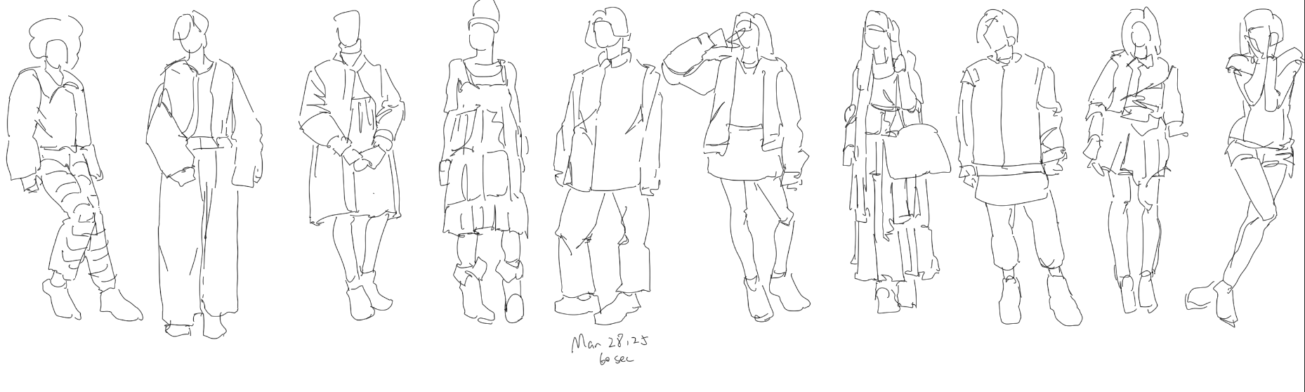 the image is a collection of ten fashion sketches, drawn in a loose, stylized manner with black lines on a white background. the sketches depict fullbody figures standing in various poses, showcasing a variety of clothing styles and outfits. the drawing style is simple and quick, focusing on capturing the essence of the garments and the attitude of the figures. the overall impression is of a fashion design study or concept board.