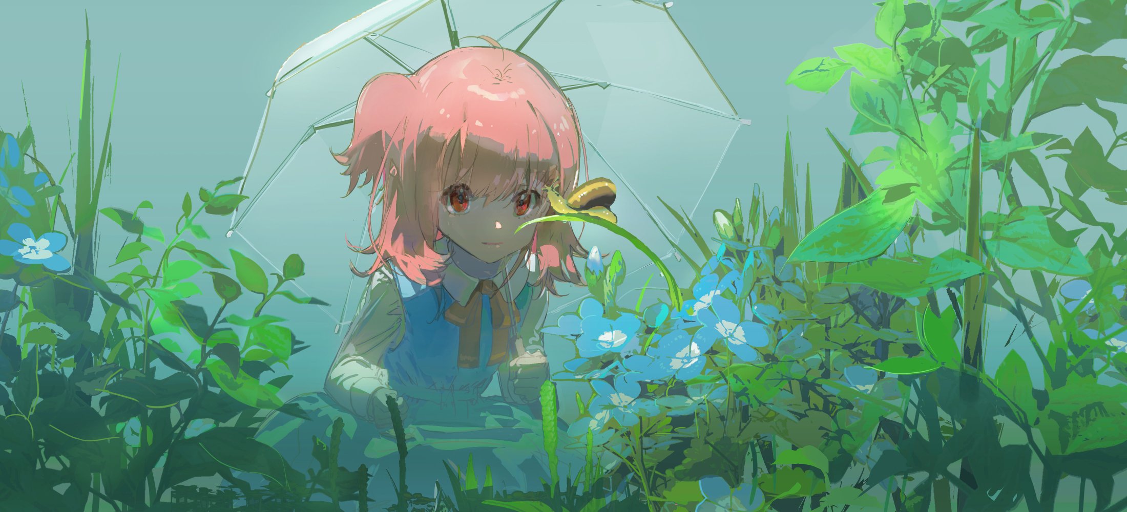 an anime girl with pink hair and a bright smile is standing under a transparent umbrella in a field of blue flowers and green grass. the girl is wearing a blue dress and has a ribbon in her hair. she is looking at the flowers with a happy expression. the background is filled with green foliage and blue flowers. the image is full of life and joy.