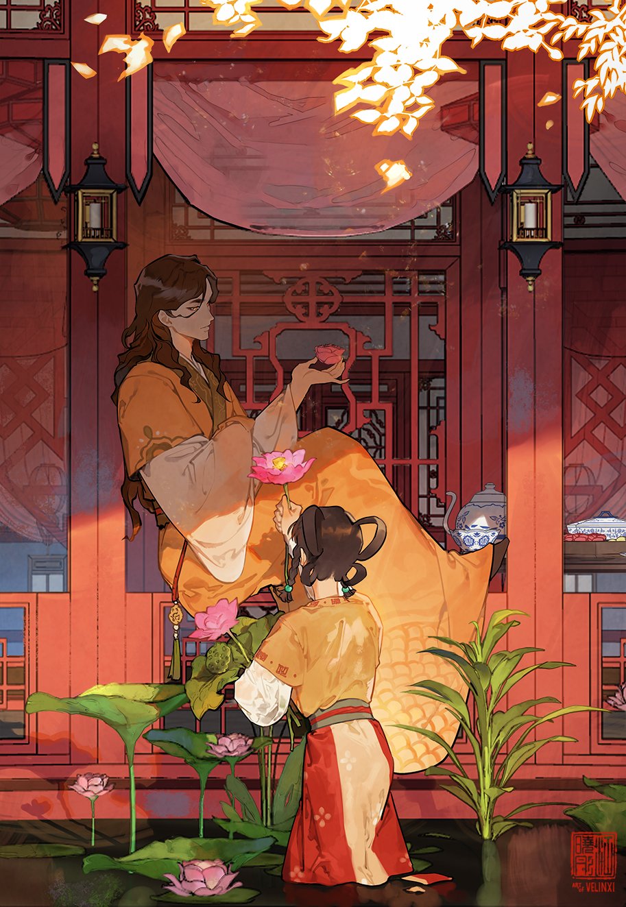 a digital painting depicting two people in a traditional asian setting. a man in orange robes sits on a structure with lattice work, holding a pink lotus flower. a woman in similar attire, with a red skirt, kneels near a pond filled with lotus plants, offering a lotus flower to the man. a teapot sits nearby. the scene is bathed in soft sunlight, and the architecture features traditional lanterns and red pillars.