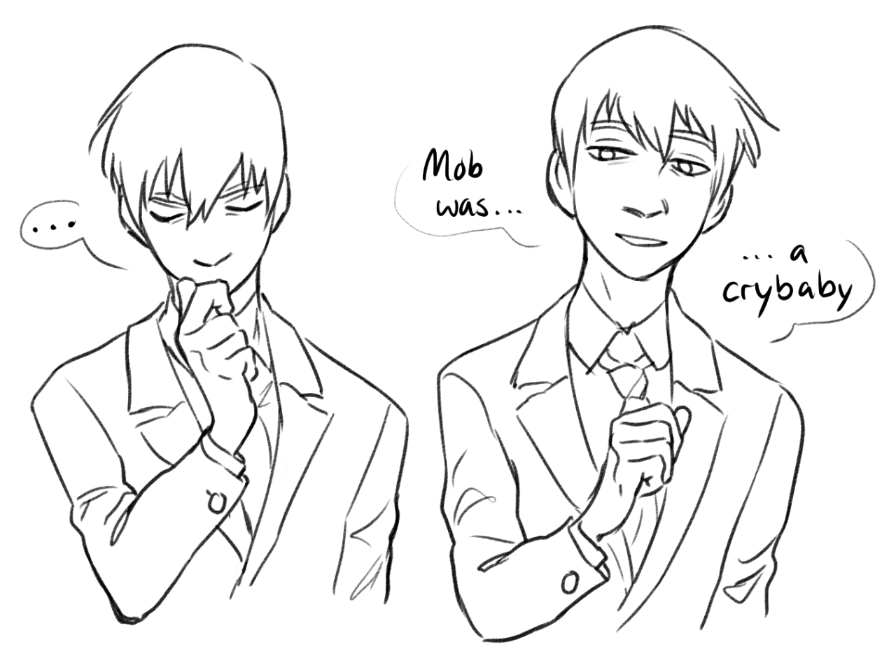 it's a black and white sketch of shigeo kageyama from mob psycho 100, shown as both his younger and older self.  younger mob is drawn with his head tilted down, eyes closed, and a slight smile as he clasps his hands together at chest height. older mob is drawn with his head tilted up, eyes open, and a confident smirk as he adjusts his tie. text next to mob reads "mob was..." and "...a crybaby," indicating the character's significant emotional growth over time.