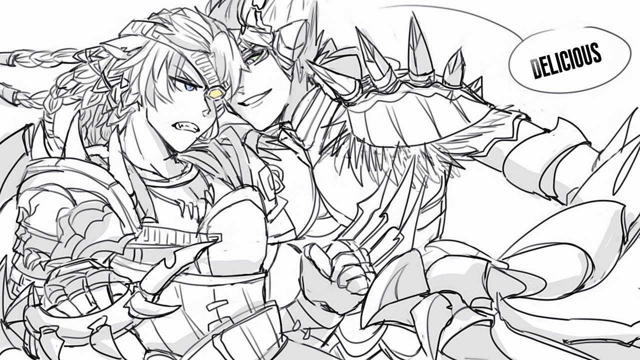 a black and white sketch of two male anime characters. the character on the left is angry, with a menacing expression and sharp teeth. he appears to be armored, with a sword attached to his waist. the character on the right is smiling and wearing an elaborate and spiky armor, wielding a spear. the character on the right is labeled as “delicious,” suggesting that he is about to eat the other character.