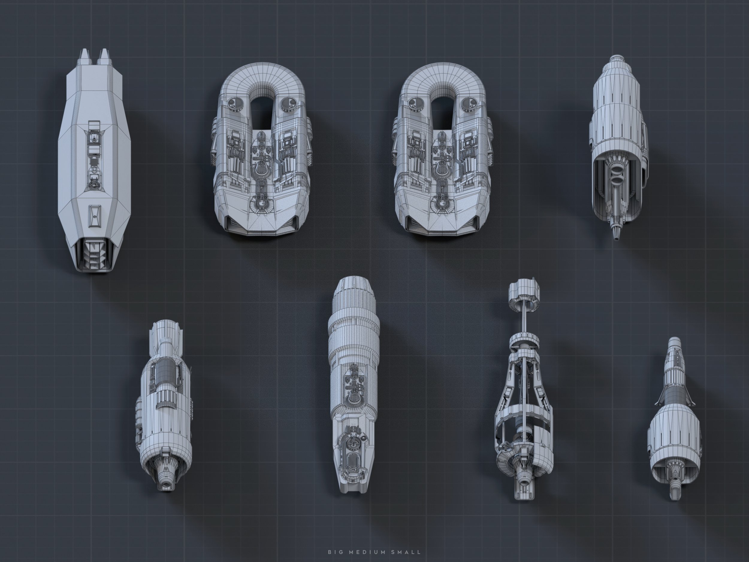 the image presents a detailed overhead view of various spacecraft components or modules, likely engines or thrusters, rendered in a wireframe style against a dark gray gridded background.  eight different designs are shown, arranged in no particular order.  there are three sizes of a similar design, labeled "big, medium, small" at the bottom of the image, indicating a size comparison of the components. the overall aesthetic is technical and futuristic, reminiscent of spaceship design blueprints or engineering renderings.  each component has a complex internal structure clearly visible through the wireframe representation.
