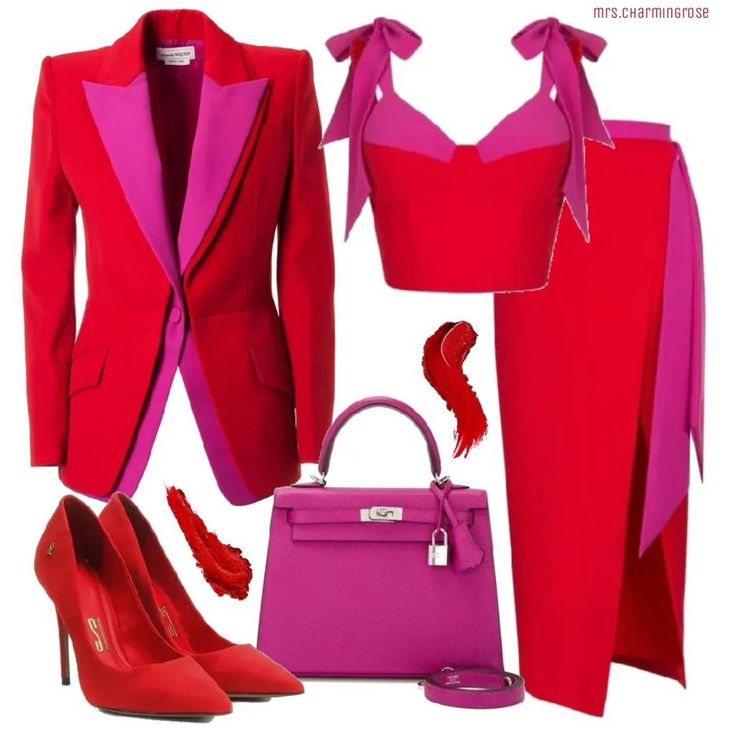 an image showcasing a fashion ensemble, consisting of a red and pink blazer, a red and pink crop top, a red skirt with a pink lining, red highheeled shoes, and a magenta handbag.