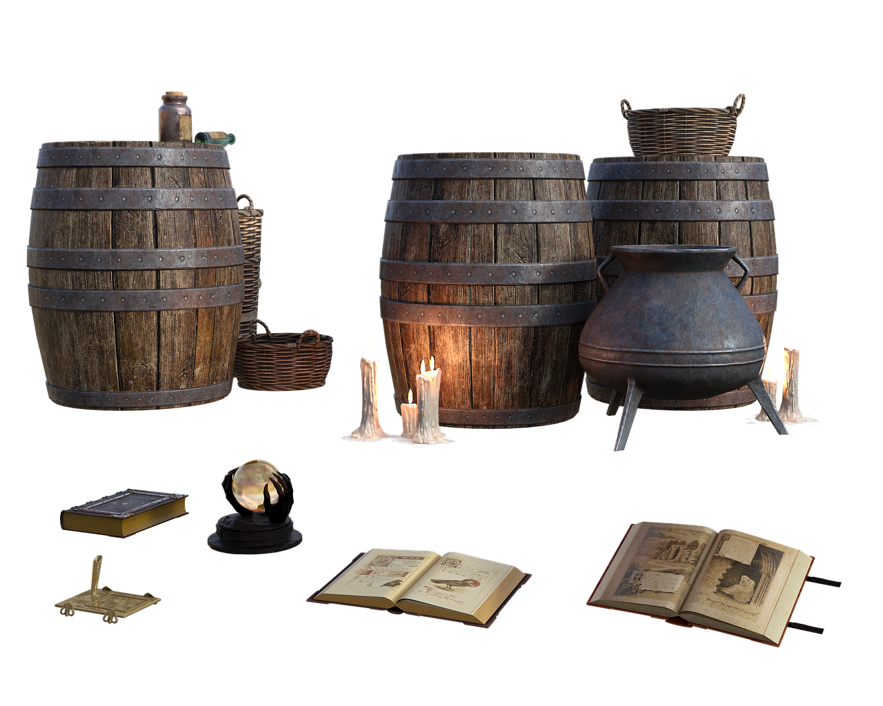 the image showcases a collection of rustic and vintage items arranged against a black background. there are three wooden barrels with metal bands, some holding baskets and bottles on top. candles are scattered around, providing a soft glow. several open books with illustrated pages and a gramophone sit on the ground, along with a stand and a large metal cauldron. the overall impression is one of alchemy, witchcraft, or a mystical setting.