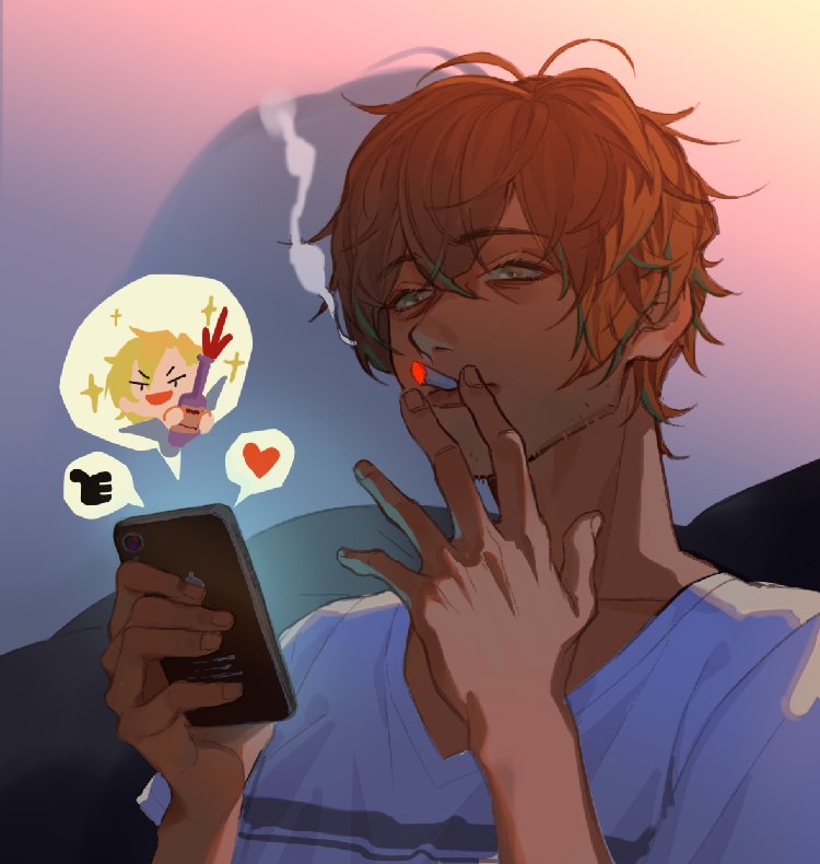the image shows a male anime character sitting with his phone and looking bored. he has brown hair and green eyes. he is wearing a white shirt and blue pants. he is smoking a cigarette, and he has a sad expression. he has some notifications from a phone app. he looks like he is in his 20s. he looks like he is sad and lonely.