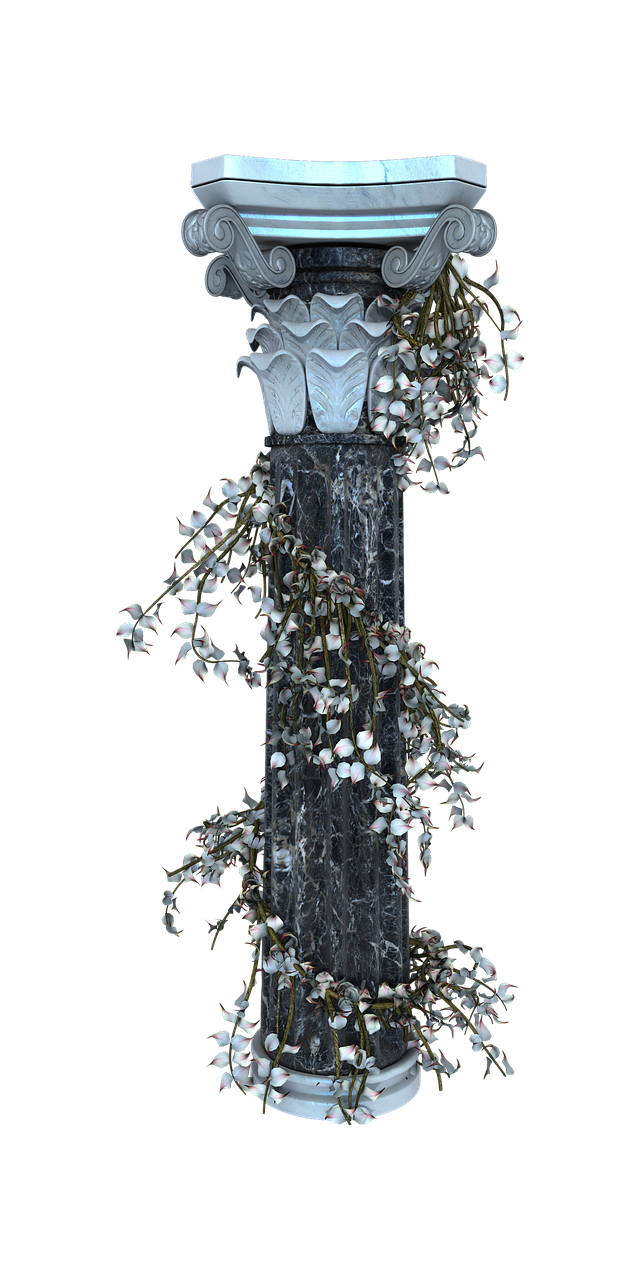an ancient pillar is covered in flowering vines against a black background.