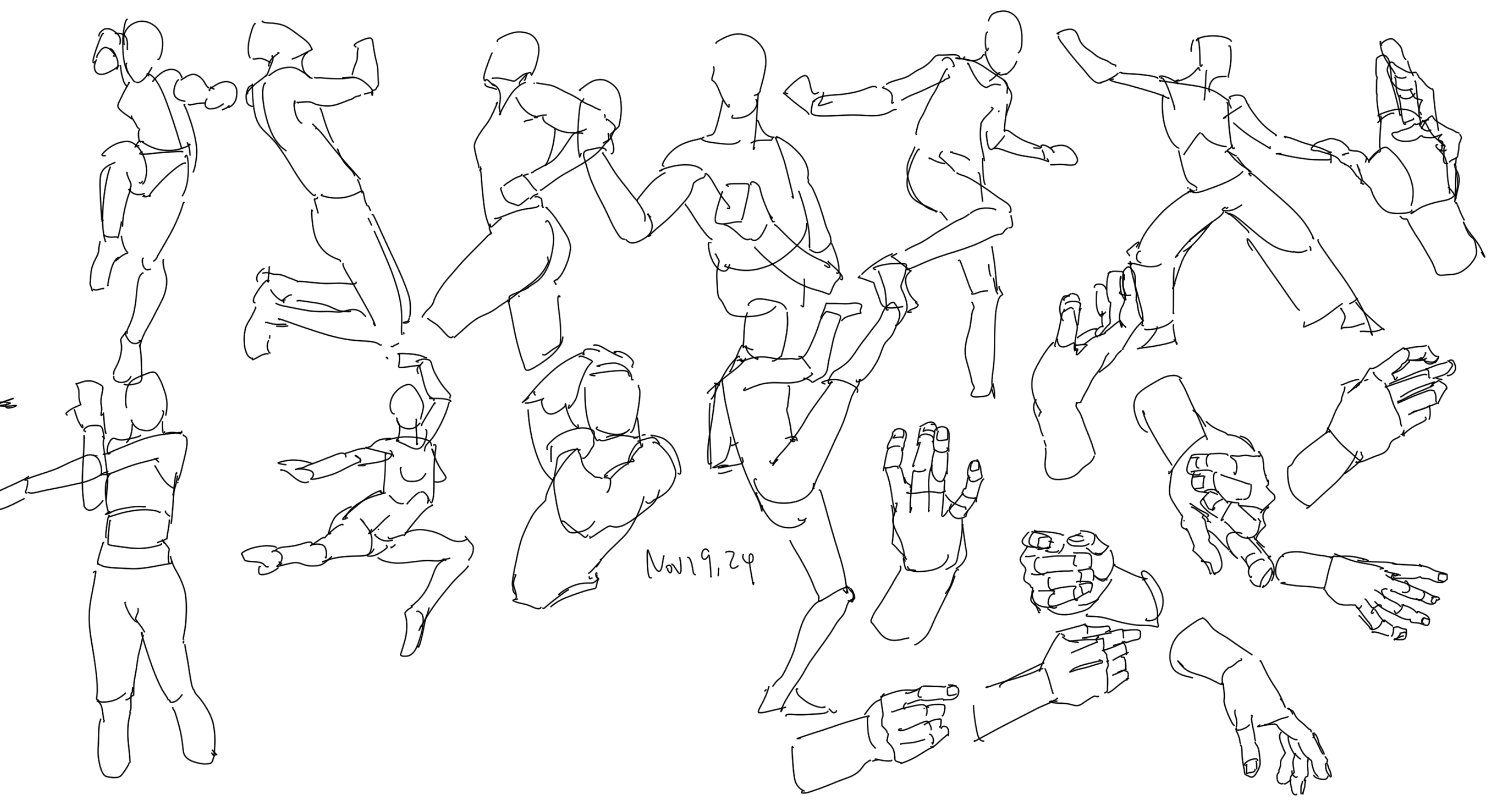 the image contains a collection of quick figure and hand sketches done in a continuous line style.  the figures depict various dynamic poses, some suggesting athletic movement or martial arts, while others are more relaxed.  there's a mix of full body sketches and closeups of hands in different positions. the style is loose and expressive, focusing on capturing movement and form rather than precise detail. the date "nov 19, 2019" is written on the page.  the overall impression is one of a practice session for an artist working to improve their ability to quickly capture the human form in motion.