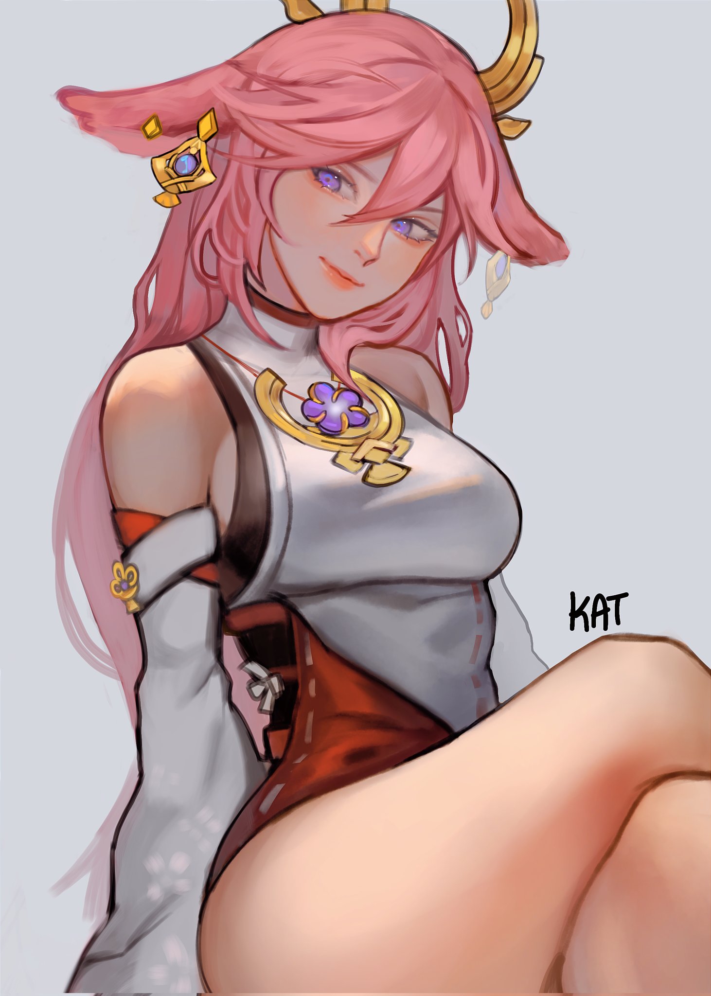 the image is a digital fanart depicting a young woman with long, flowing pink hair styled in a slightly whimsical way. she has light skin, and noticeable blush on her cheeks.  she's wearing a stylish, somewhat revealing outfit that is a blend of white and red with gold detailing. the attire includes ornate jewelry, including earrings and a prominent necklace featuring a purple flowerlike centerpiece.  her expression is soft and slightly teasing. she is in a seated pose, and the artist's signature "kat" is subtly placed in the image. the art style is consistent with anime and digital painting techniques, possibly fanart inspired by a video game character, potentially raiden shogun from genshin impact based on the character design. the overall mood is light and flirty.