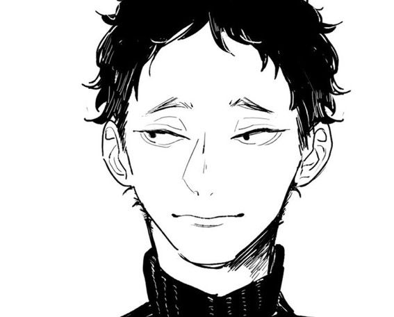 the image is a black and white line art drawing of a young animestyle male character.  he has short, dark, slightly messy hair, and is shown from the chest up. his expression is somewhat neutral or subtly smirking, with slightly narrowed eyes. he's wearing a highnecked, turtleneckstyle garment. the style is sketchy and expressive, not highly detailed.  the overall mood is somewhat pensive or cool.