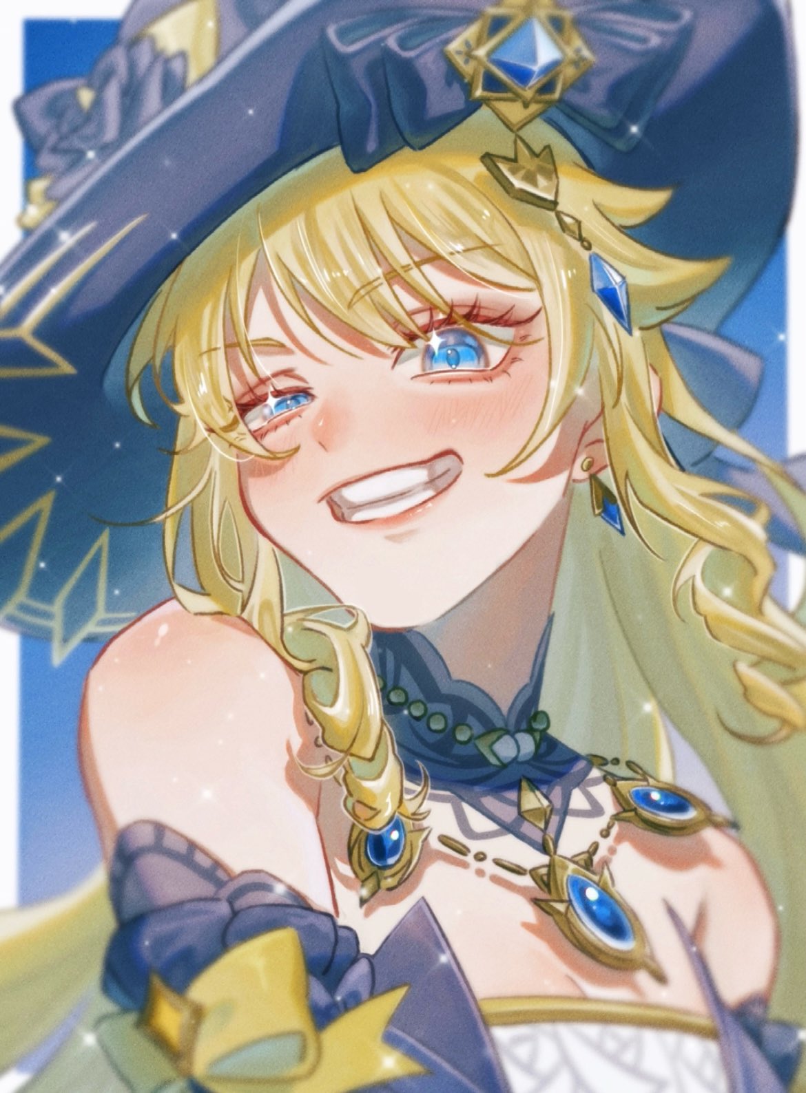 a closeup illustration of an anime girl with blonde hair and blue eyes. she is wearing a black and blue hat with gold accents, a necklace with blue and gold accents, and a white and blue dress. the background is a soft blue. she looks very happy and cheerful.