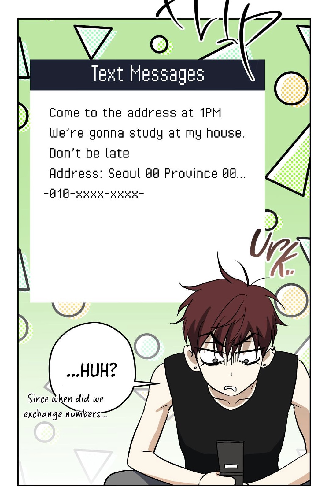 he image is a mangastyle comic panel showing a text message conversation. the text message invites someone to a study session at the sender's house in seoul. the recipient of the message, a boy with dark hair, is shown reacting with a confused expression, questioning when they exchanged phone numbers. the overall style is informal and lighthearted.