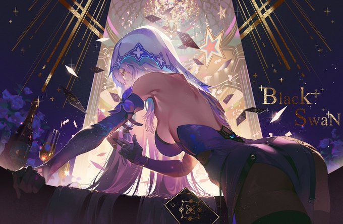 the illustration features a woman with long, flowing white hair and blue eyes. she's dressed in a lowcut, backless purple dress and black gloves, reaching for a bottle of champagne with a glowing blue liquid. behind her, playing cards are scattered in the air, catching the light. the setting appears to be indoors, with a golden archway behind her adorned with a geometric design and sparkling lights. the background is a dark, starry sky, creating a dramatic contrast and highlighting the woman's figure. the overall atmosphere is mystical and alluring.