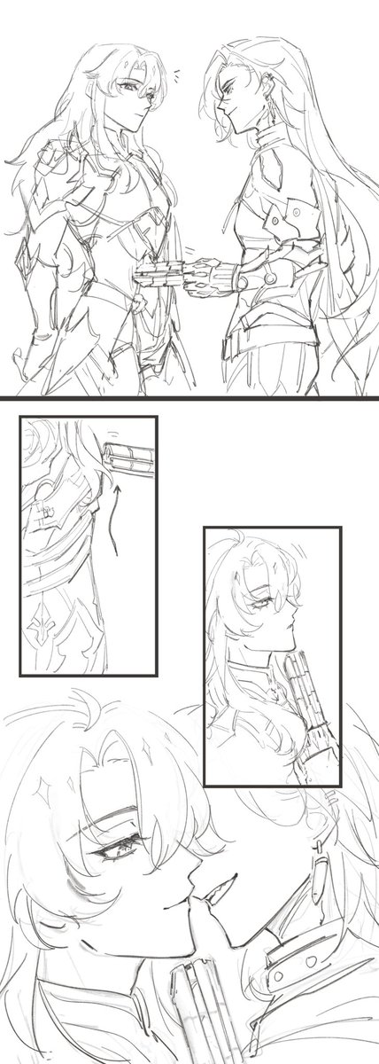 the image shows a comic style drawing of four female anime characters in different poses. the characters are drawn in black and white and are standing in various poses. the drawing style is somewhat rough and messy, giving it a more casual and energetic feel. the characters have long flowing hair and are all wearing some sort of clothing. it appears to be an action scene with a combination of swords and guns. the characters are in a battle scene, and it is clear that the artist is very skilled. the drawing has a lot of movement and energy and is clearly a part of a larger story.