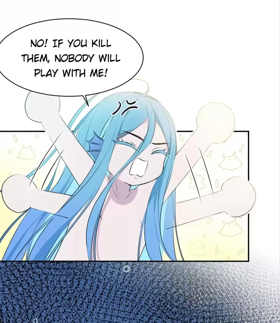the image is a mangastyle illustration of a young mermaid girl with long, bright blue hair. she has a distressed expression, her arms are outstretched, and her body is slightly bent. she appears to be pleading or begging, with the speech bubble above her head stating "no! if you kill them, nobody will play with me!" the background is a light yellow with small, cartoonish images that are hard to make out but look vaguely ghostlike.  the overall style is light and whimsical, despite the mermaid's distressed expression.  the style suggests it may be from a manga or anime series.