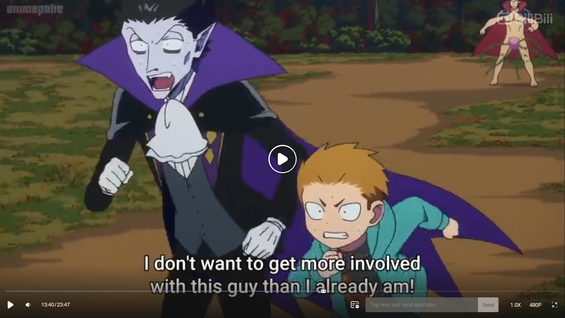 the image is a screenshot from an anime featuring a vampire chasing a young boy through a forest path. the vampire, clad in a classic black and white suit with a popped collar, has a manic expression as he pursues the boy. the boy, dressed in a teal hoodie and brown pants, has a look of terror on his face as he tries to escape. the text at the bottom of the screen reveals the boy's thoughts: "i don't want to get more involved with this guy than i already am!". in the background, a third character, a man with long pink hair and wearing only a red loincloth, watches the chase unfold.```