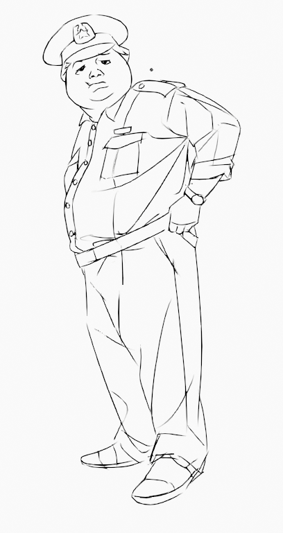 a sketch of a man in a police uniform with a hat. he is wearing a longsleeved shirt, pants, and shoes. the sketch is drawn in black and white lines.