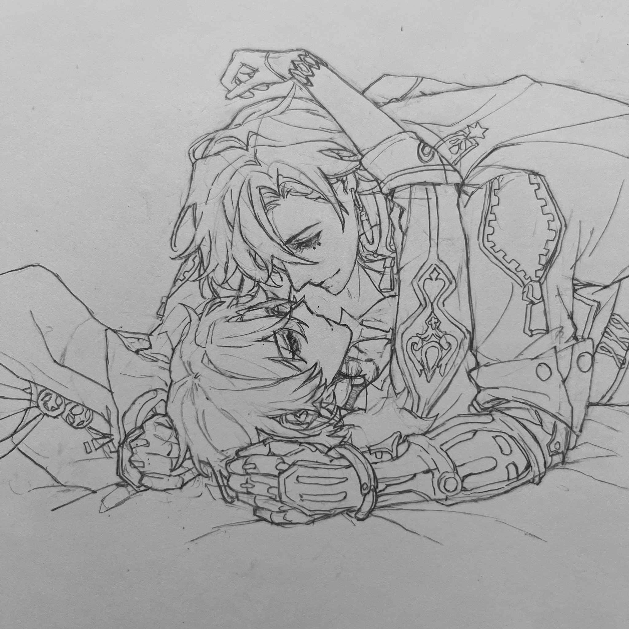 the image is a pencil sketch depicting two young men in an intimate embrace.  the style is reminiscent of anime or manga, with detailed linework and shading.  one young man is lying down, while the other is draped over him, their heads close together, suggesting a kiss or tender moment.  both are wearing detailed outfits suggestive of futuristic or mechainspired clothing, with mechanical elements incorporated into their attire. the overall mood is romantic and affectionate. the grayscale palette enhances the intimacy and focus on the figures' expressions and poses.