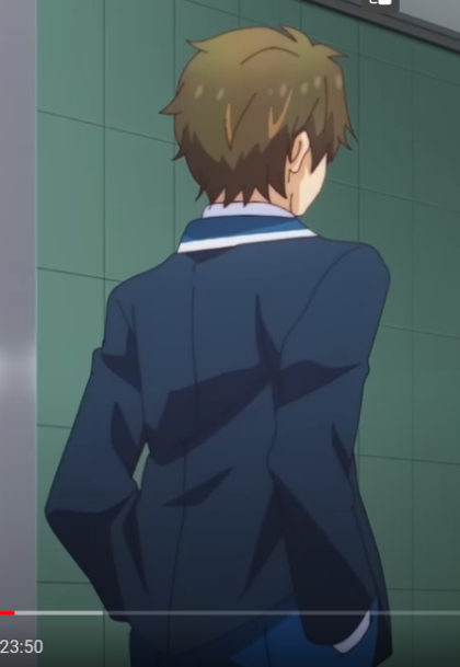 the image shows the back of a male anime character. he has short brown hair and is wearing a blue school uniform blazer with white trim. the background is a tiled wall, and the lighting is soft, suggesting an indoor setting.