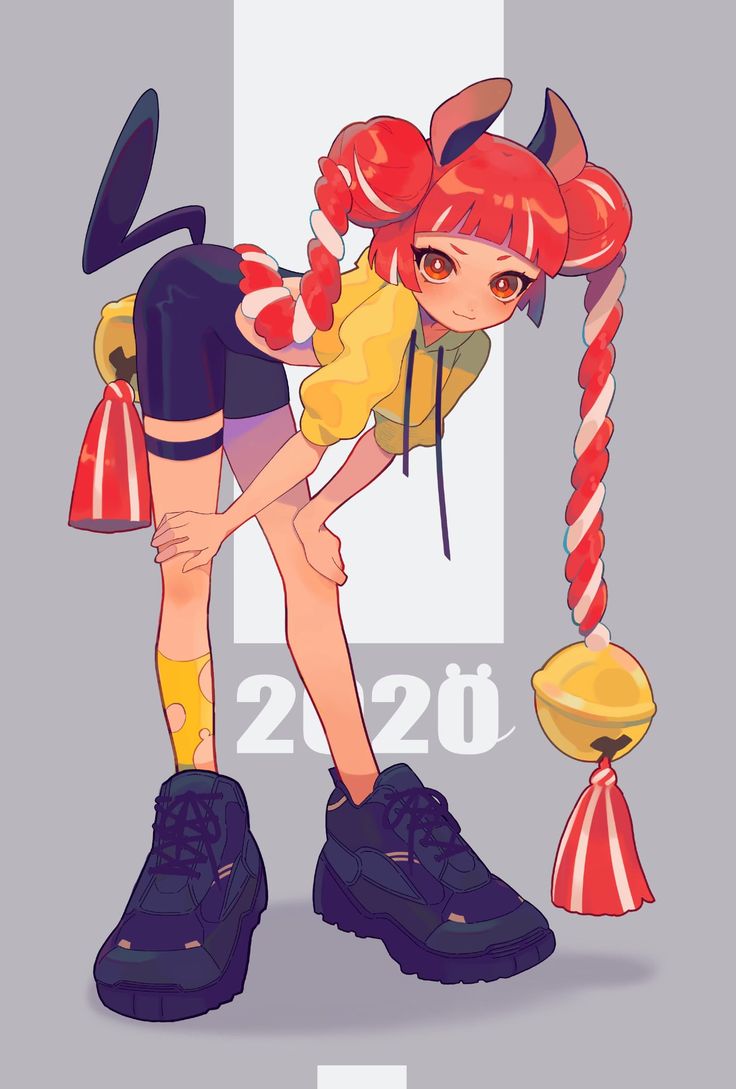 an anime girl wearing a yellow shirt, black pants, and black shoes, with red and white braids, and a bell attached to her braid. she is posing with her leg bent and her hand on her knee. the number 2020 is written in the background.