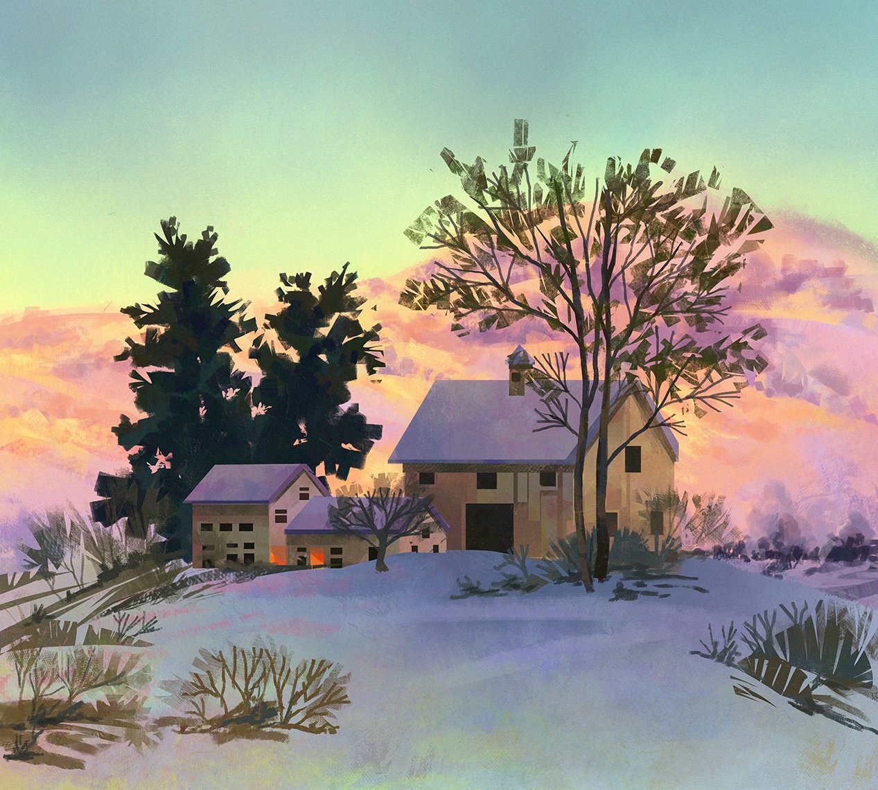 the painting depicts a serene winter scene at sunset. a snowcovered farmhouse and barn are nestled amidst snowdusted trees. the sky displays a warm, pastel palette, with hues of pink, orange, and purple blending seamlessly. the foreground features a snowcovered field with bare bushes, leading the viewer's eye towards the main subject. the overall atmosphere is peaceful and tranquil, capturing the beauty of a rural winter landscape.