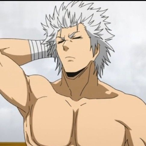 the image depicts a muscular anime man with spiky white hair. he is shirtless and appears to be stretching his right arm, with his eyes closed and a neutral expression. his physique is emphasized with detailed musculature. the art style suggests it could be from a manga or anime.