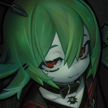 the image is a closeup digital illustration or artwork of a stylized anime or mangastyle girl. she has bright green hair, red eyes, and pale skin.  her style leans towards the dark or gothic aesthetic, indicated by the dark clothing and choker.  she has a slightly chibilike, oversized head and smaller body characteristic of the style. the overall mood is mysterious and somewhat unsettling due to the dark colors and the character's expression.  she appears to be a character from a video game.